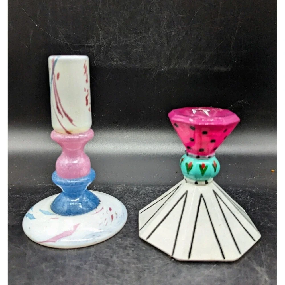 Vintage Hand Blown Art Glass Candle Holder Candlestick Signed White Pink